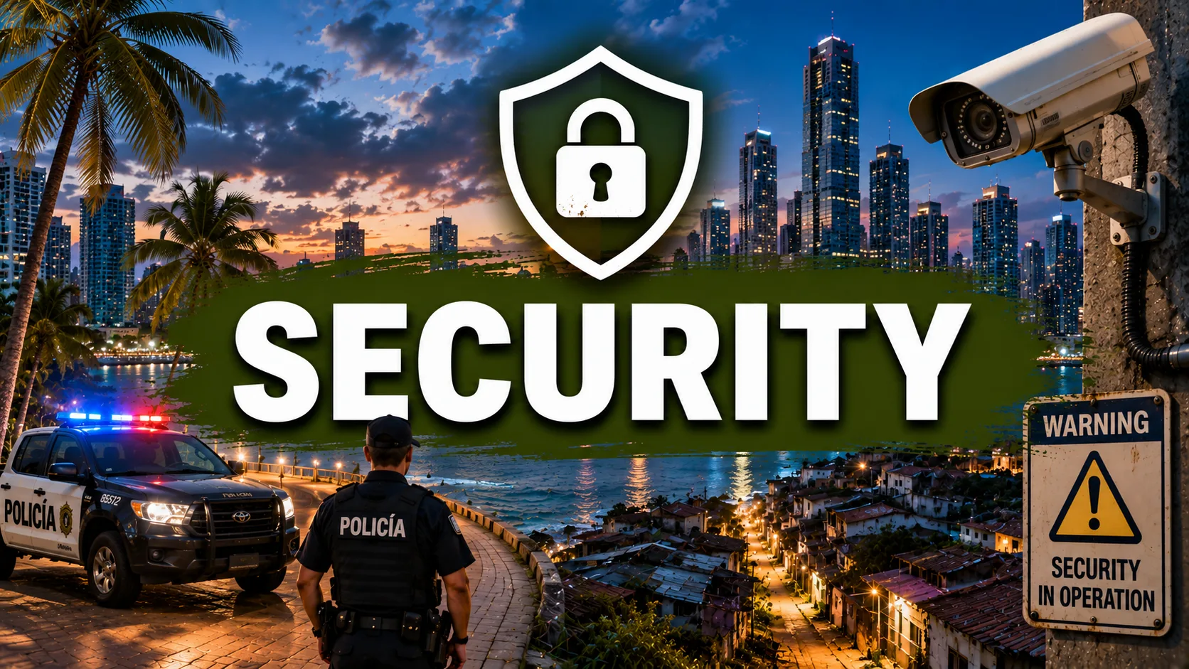 Security in Panama with police, CCTV and Panama City skyline